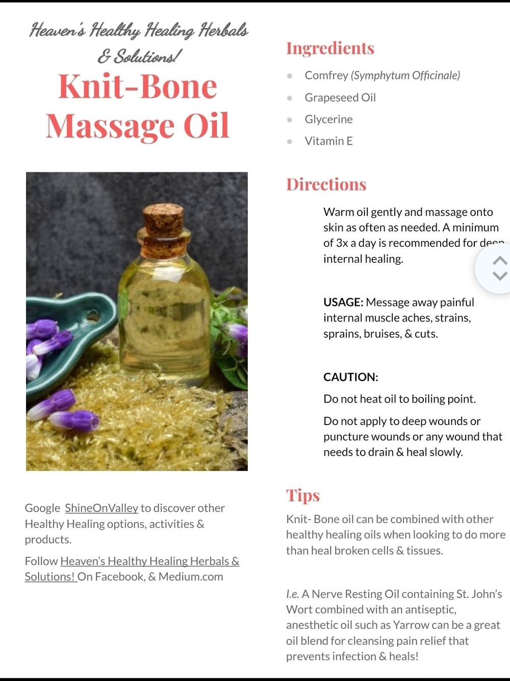 Heaven's Healthy Healing Herbals Knit-Bone Massage Oil - Natural Hand Crafted.